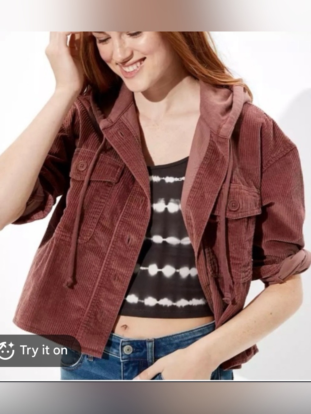 American Eagle women’s large cropped  Corduroy Hooded Jacket in dusty rose